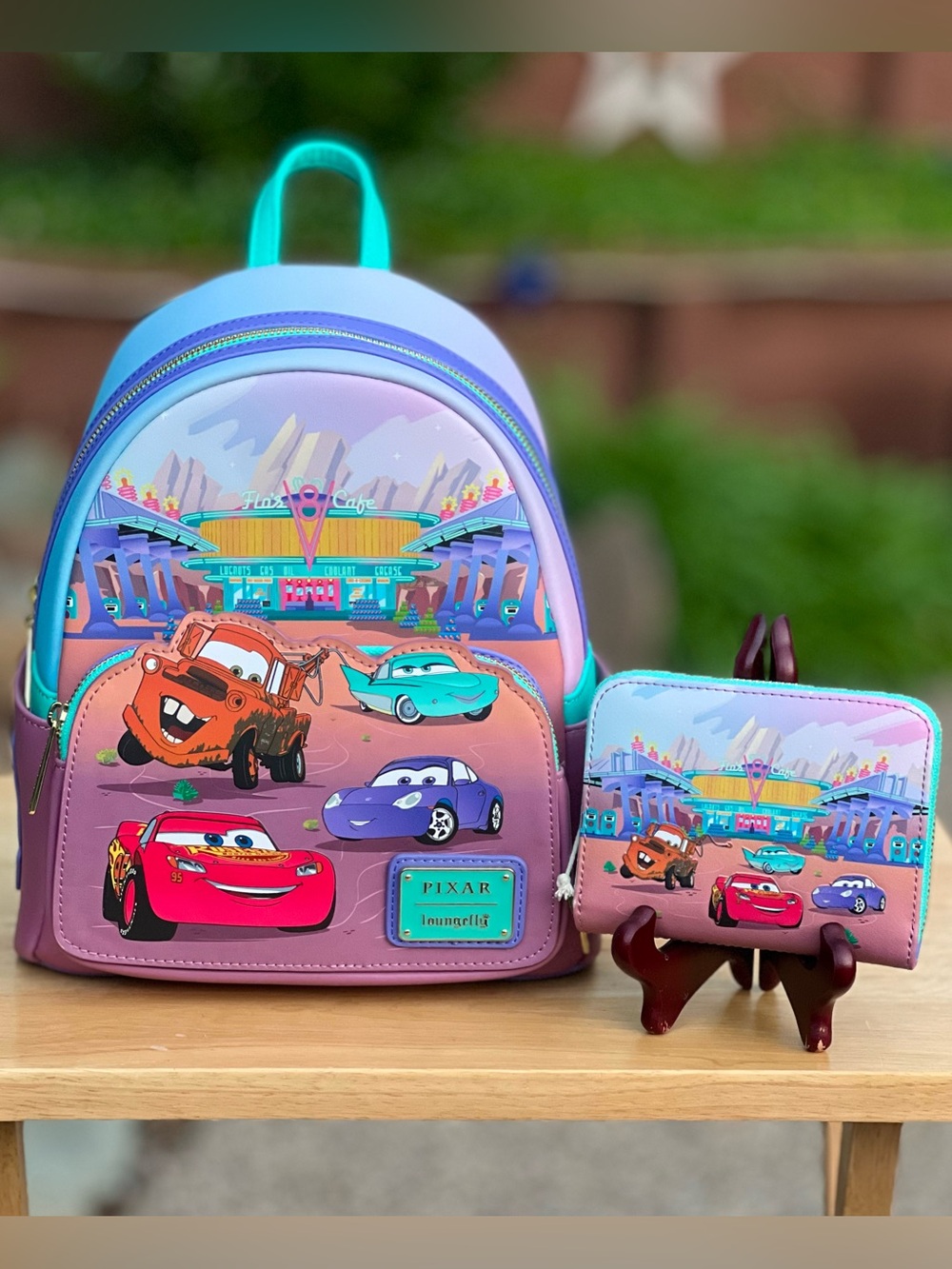 Loungefly Disney Pixar Cars Flo's Diner Mini Backpack and Wallet Set NWT
